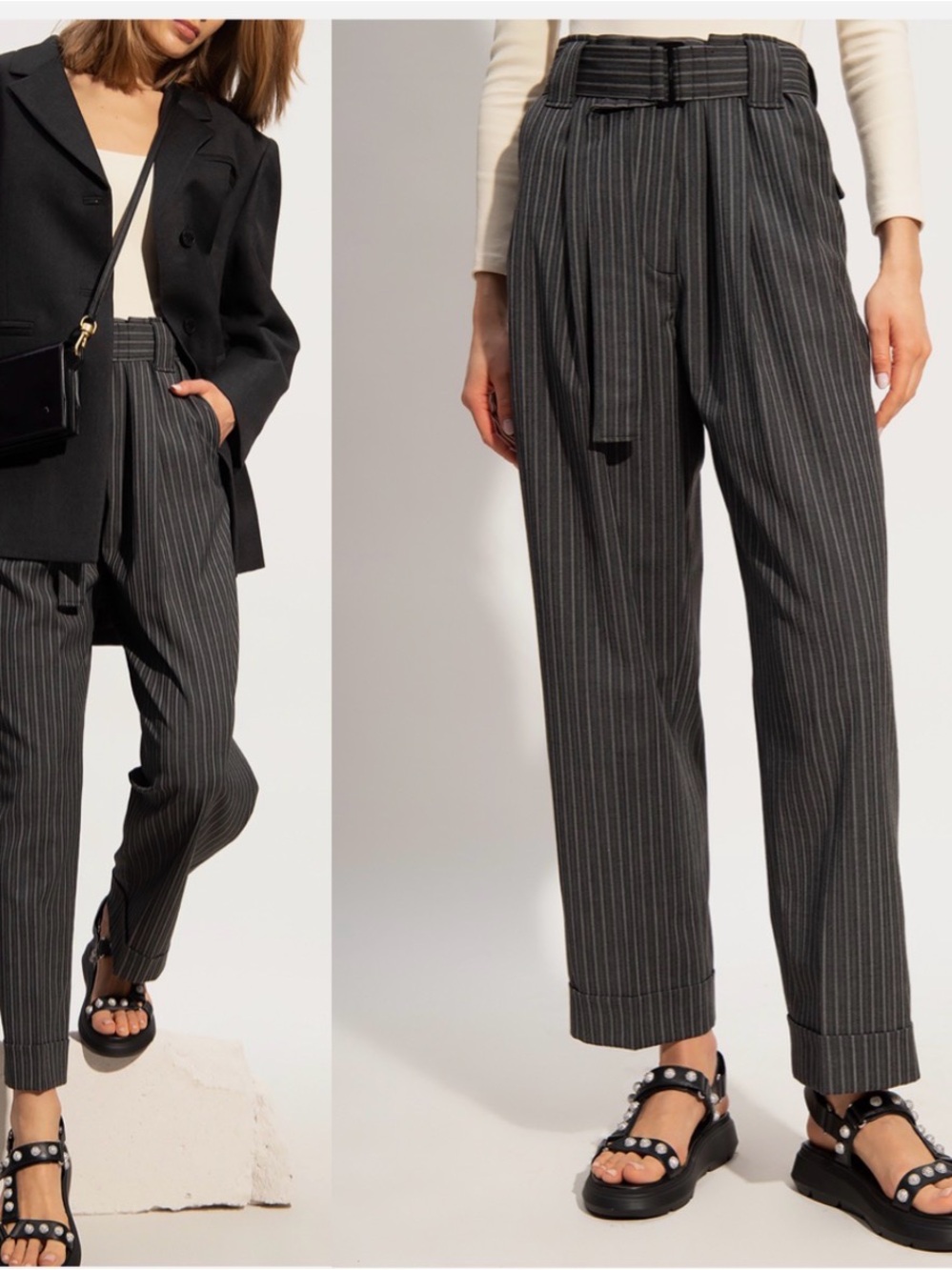GANNI High-Waist Pinstripe Tapered Pants - Black